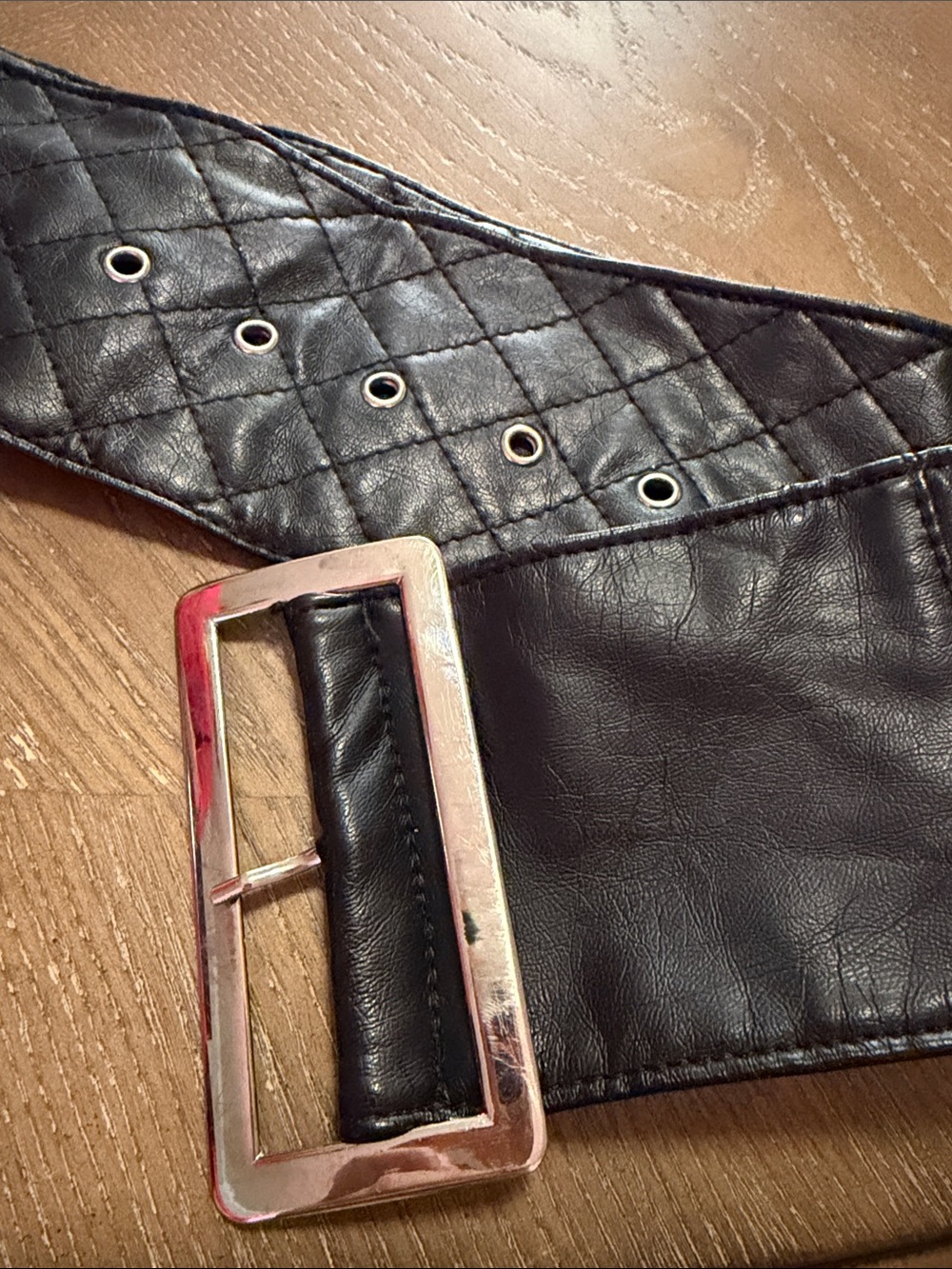 Women’s Black Quilted Leather Waist Belt with Silver Buckle